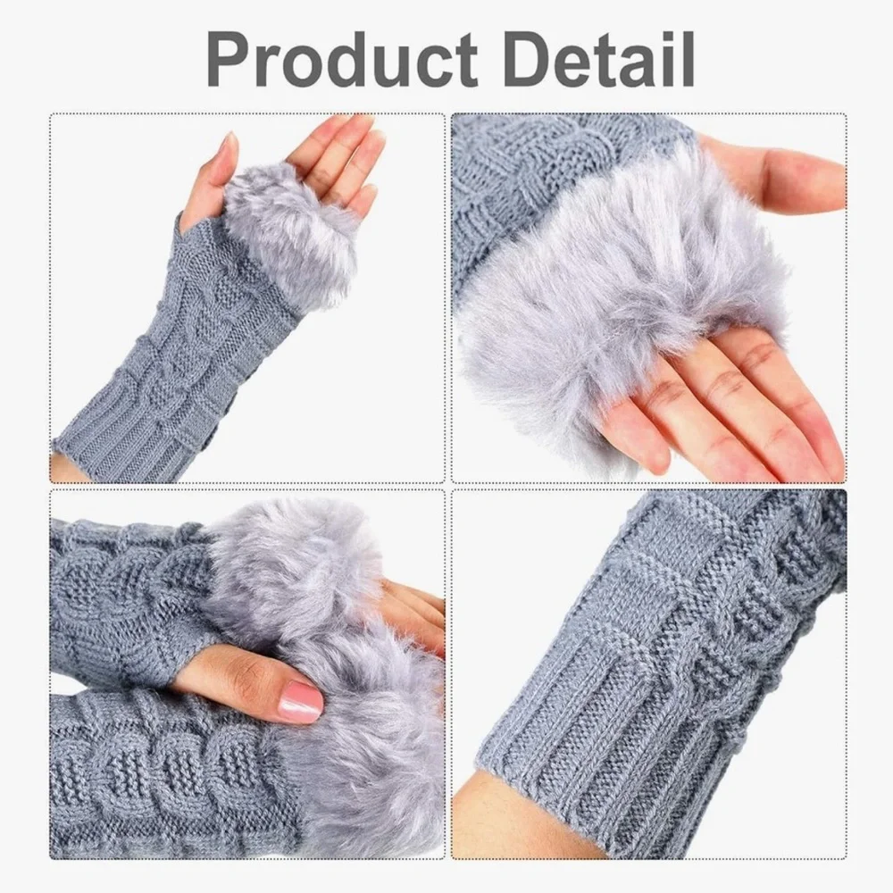 🆕 3 Pairs Fingerless Winter Gloves Faux Fur Crochet Warm Fingerless Gloves